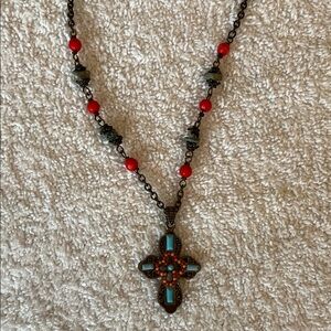 Turquoise and Red Beaded Cross Pendant Necklace